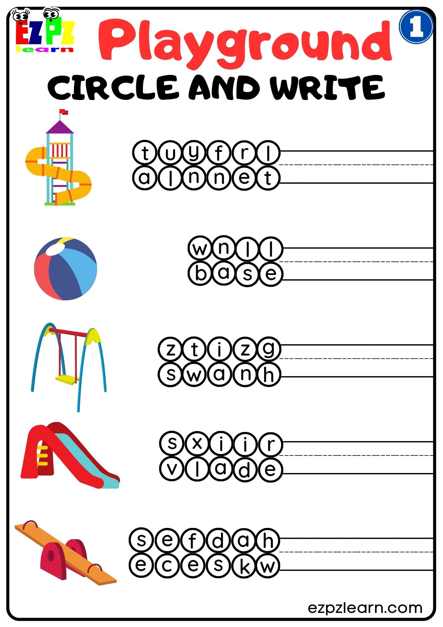Playground 1 Circle and Write Worksheet for Kindergarten and ESL Students Free PDF Download